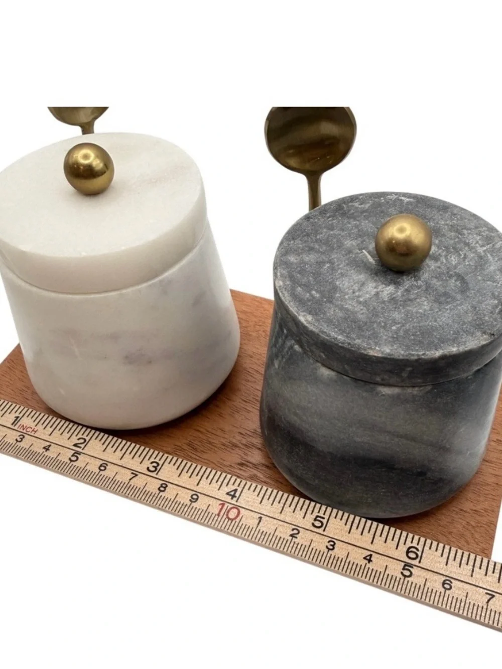 Marble Salt and Pepper Jars with Gold Spoons and Wooden Tray - White & Gray